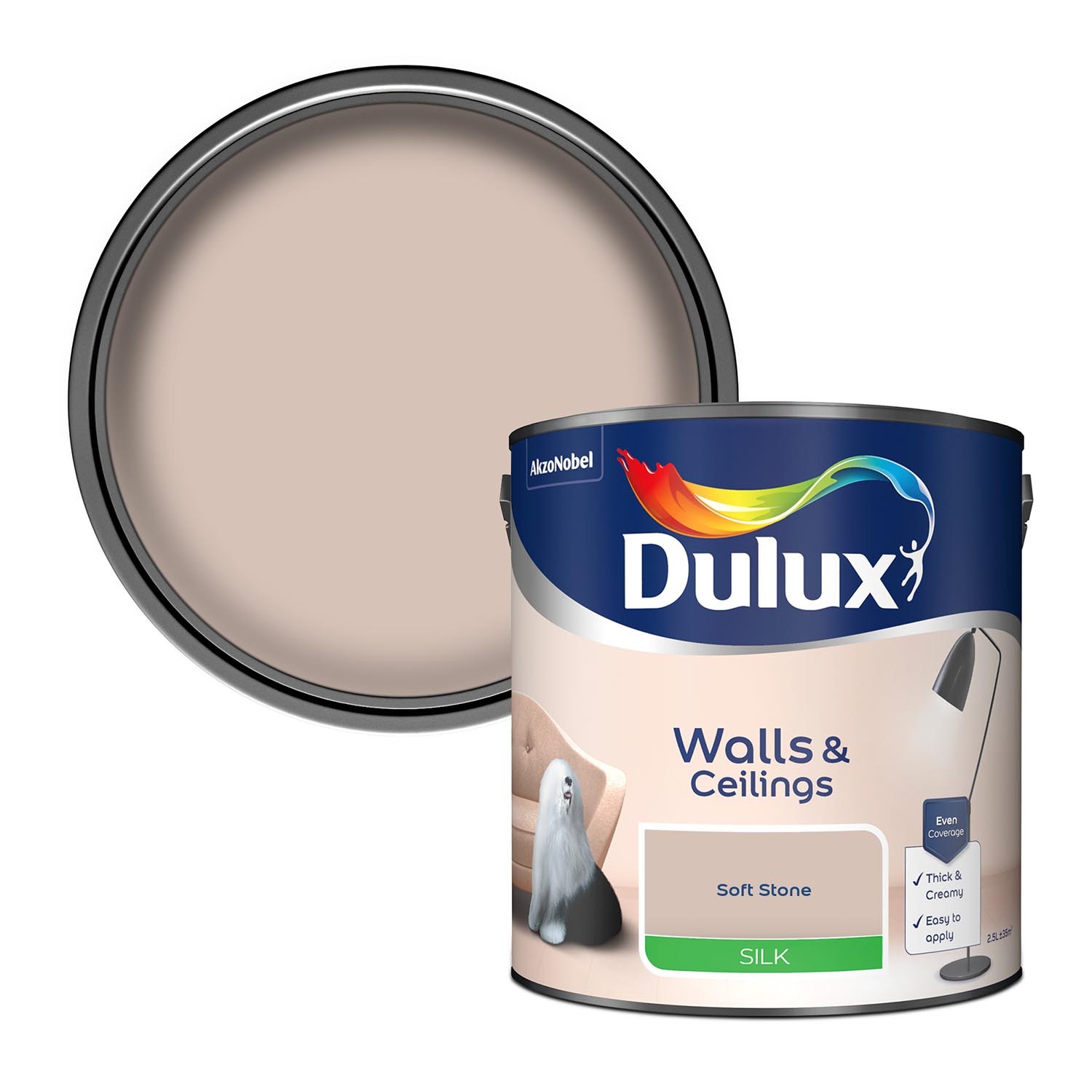 Dulux Walls & Ceilings Soft Stone Silk Emulsion Paint 2.5L Image 1