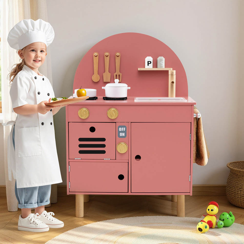 Costway Kids Pink Wooden Kitchen Play Set with Stoves Faucet Image 3