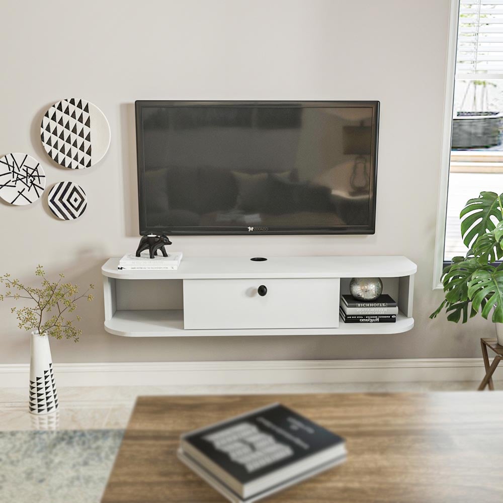 Decorotika Ibarra Single Door 2 Shelf White Wall Mounted TV Unit Image 4