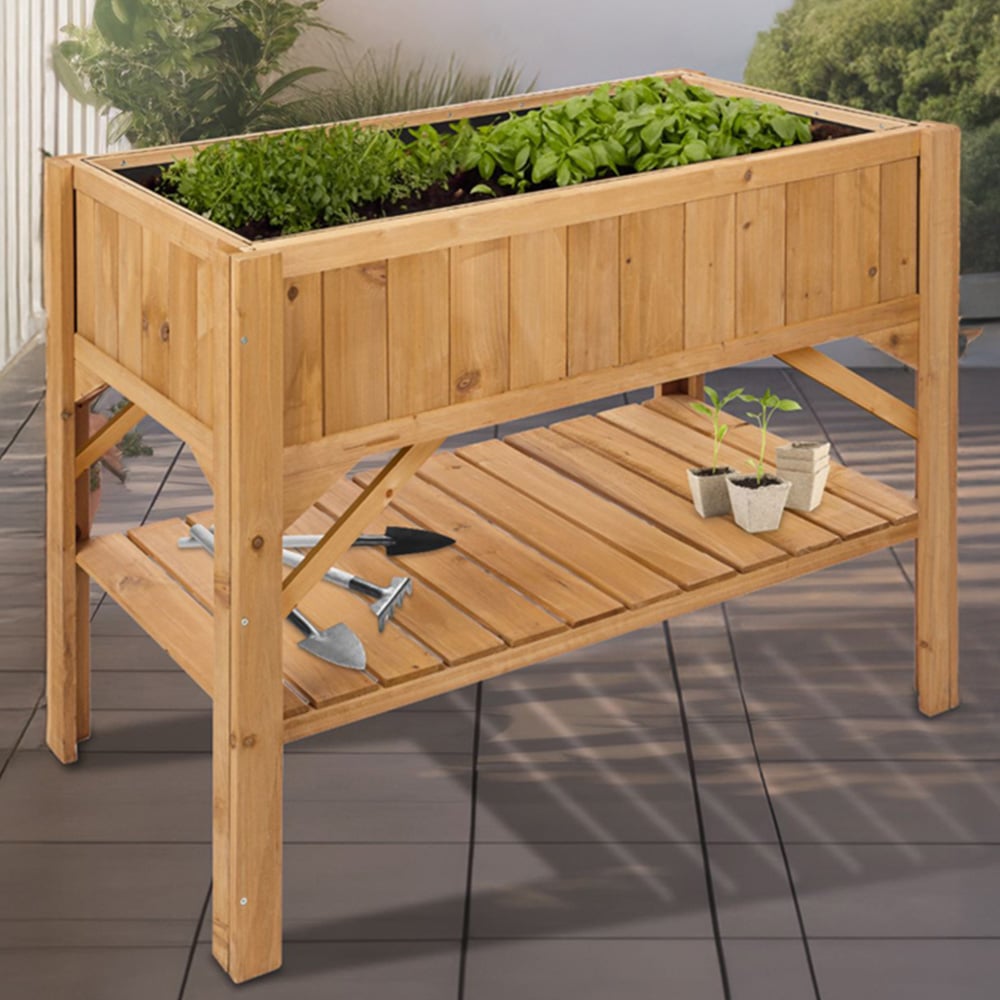 tectake Brown Wooden Raised Bed with Storage Shelf Image 2