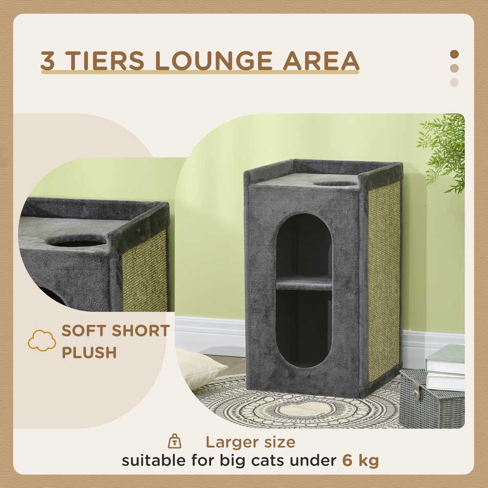 PawHut 81cm Cat Scratching Barrel with Two Cat Houses for Indoor Cats - Grey Image 4