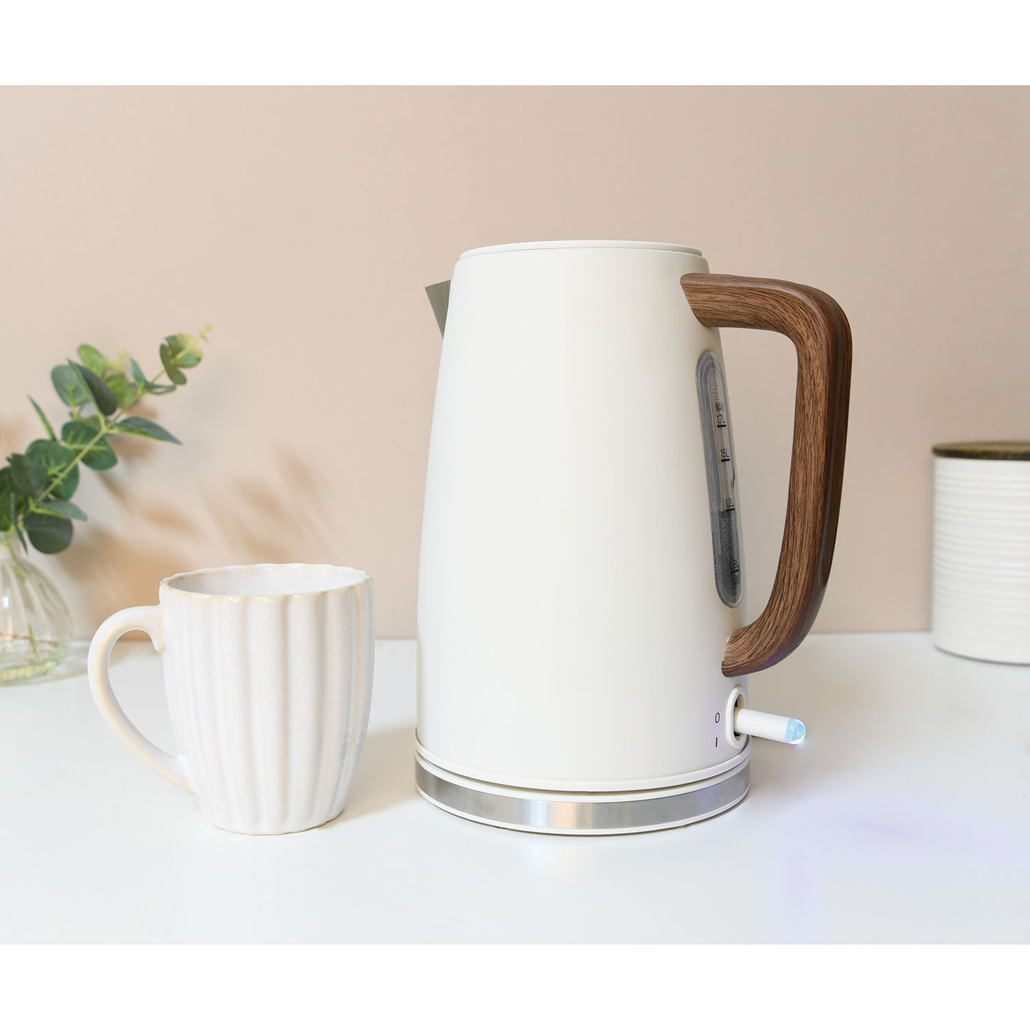 Sanctuary Metal Kettle with Acacia Handle White or Cream Image 1