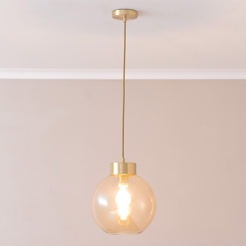 ValueLights Bellamy Amber Glass Globe Brushed Gold Cap LED Ceiling Pendant Light Image 2