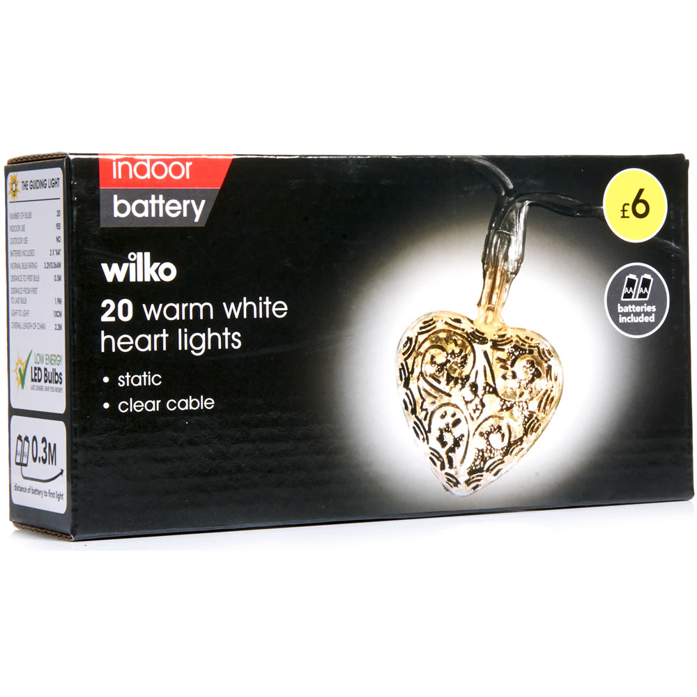 Wilko 20 White Battery-Operated LED Heart         Christmas Lights with Clear Cable Image 4