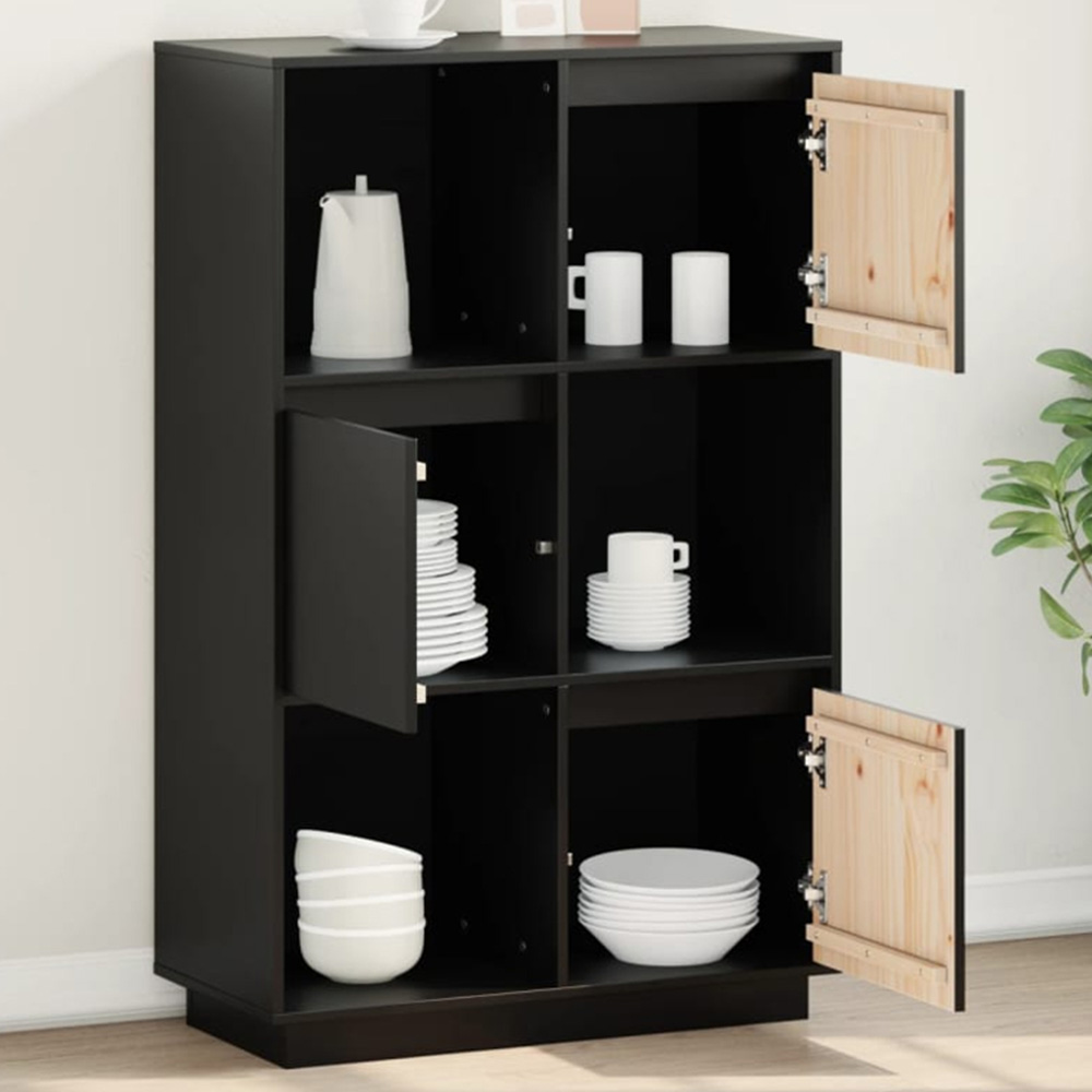 vidaXL 3 Door 3 Shelf Black Solid Pine Wood Highboard Image 1