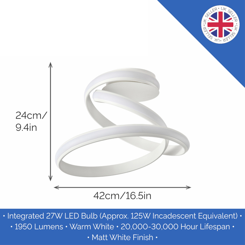 Happy Homewares Matt White Sand LED Ceiling Light with Spiralling Metal Arm Image 6