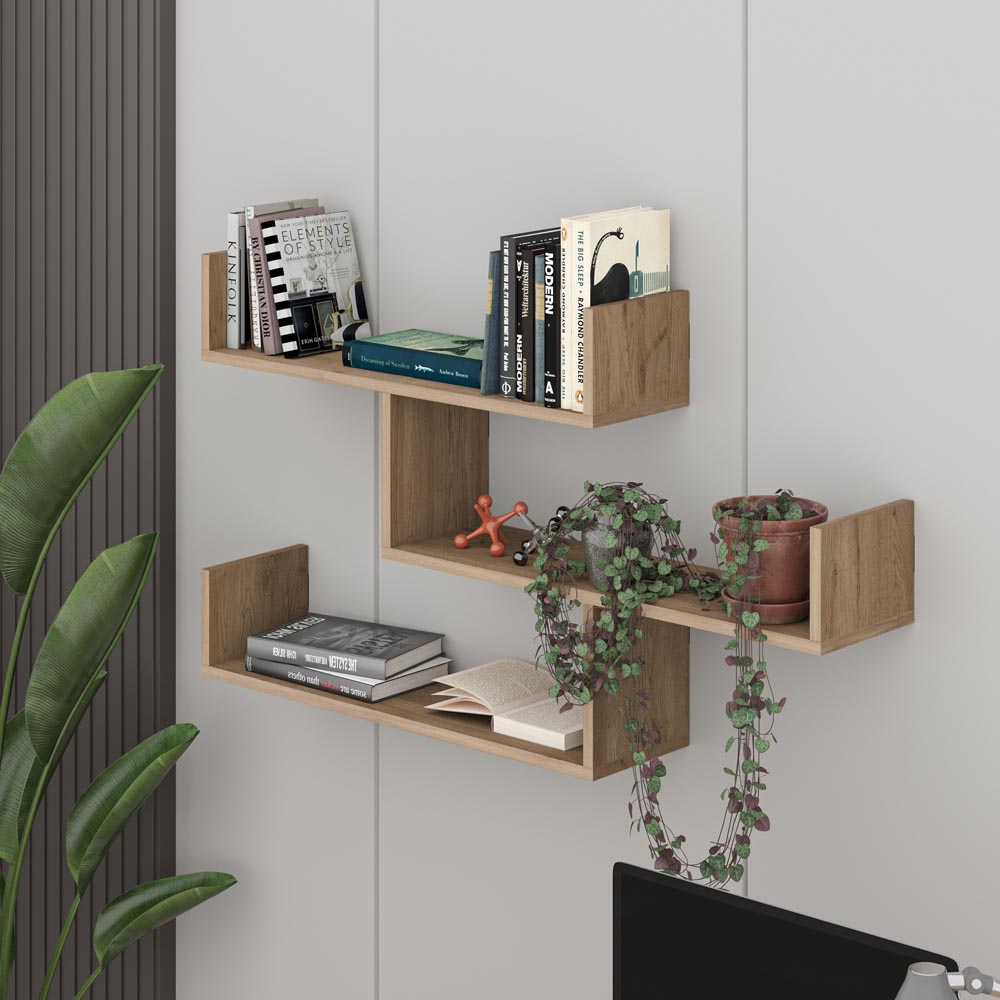 Decortie Tibet 3 Shelf Oak Effect Zigzag Wall Mounted Bookcase Image 5