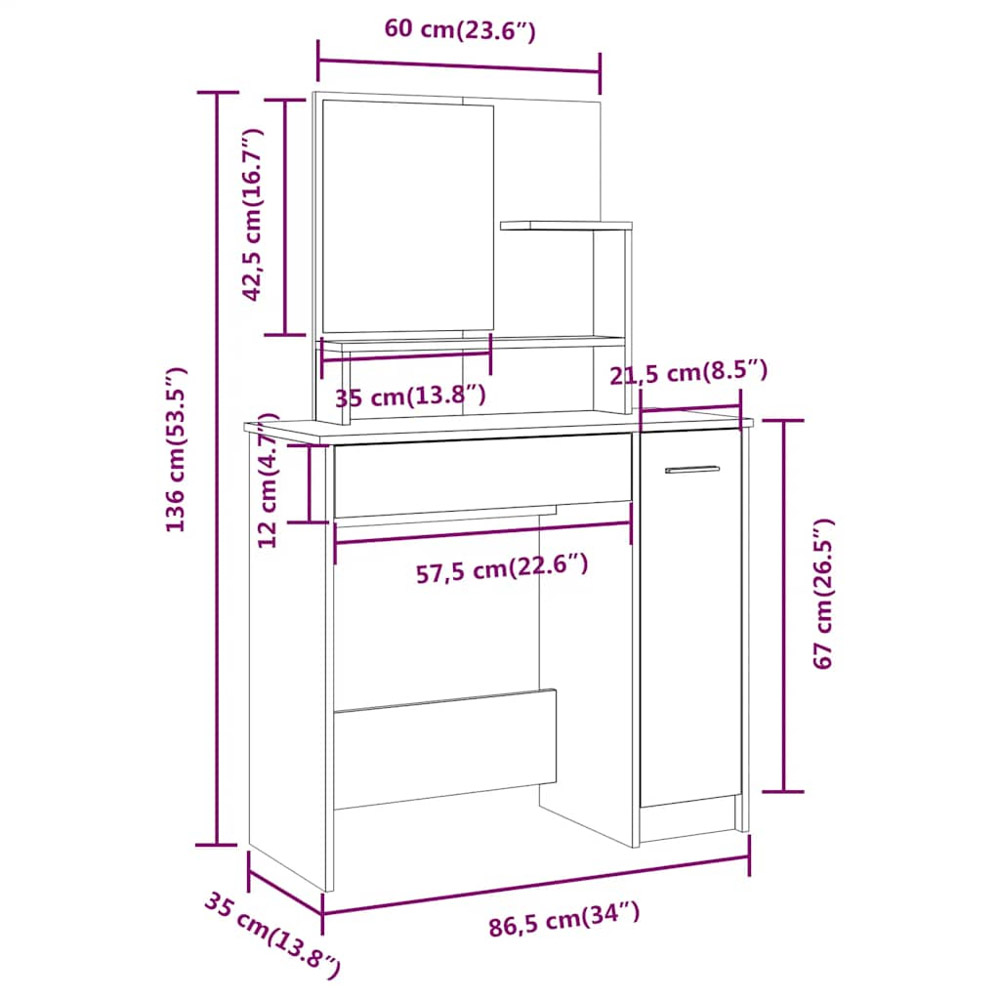 vidaXL Single Door Single Drawer White Dressing Table and Stool Set with Mirror Image 8