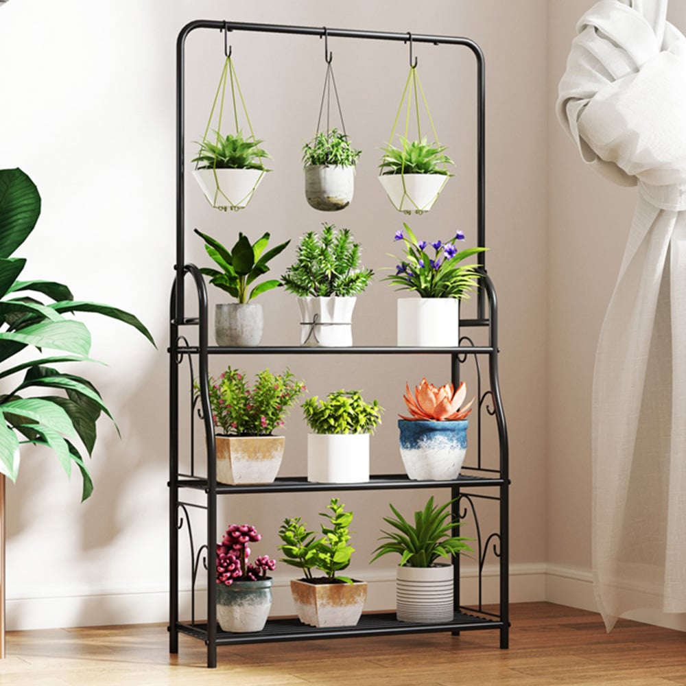 Outsunny 3 Tier Black Garden Plant Stand with Hanging Hooks Image 2