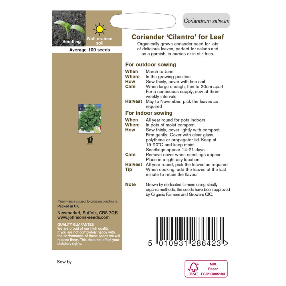 Johnsons Organic Coriander for Leaf Seeds Image 3