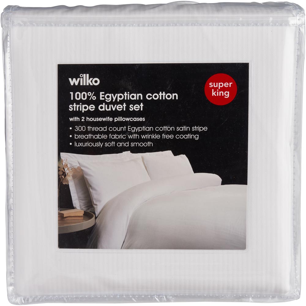 Wilko Best White Stripe 100% Egyptian Cotton Super  King Size Duvet Set Image 1