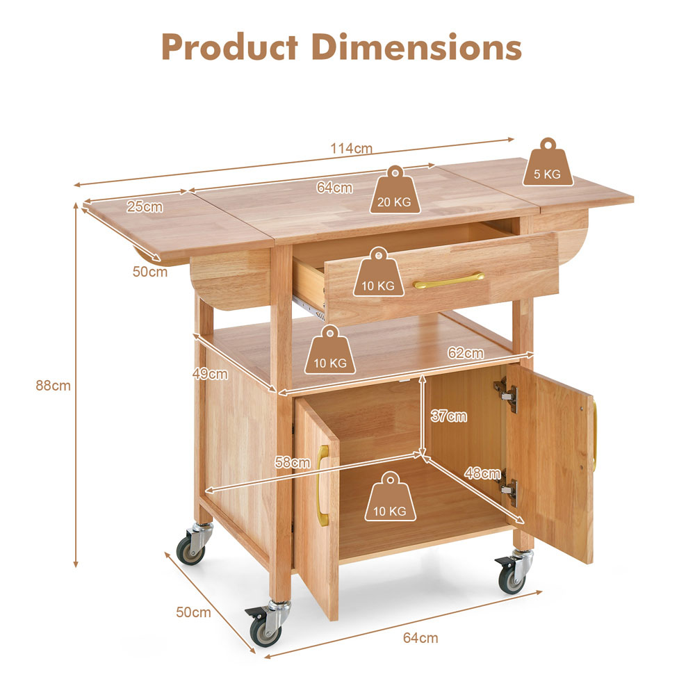 Costway 2 Door Single Drawer Natural Drop Leaf Kitchen Island Trolley Image 9