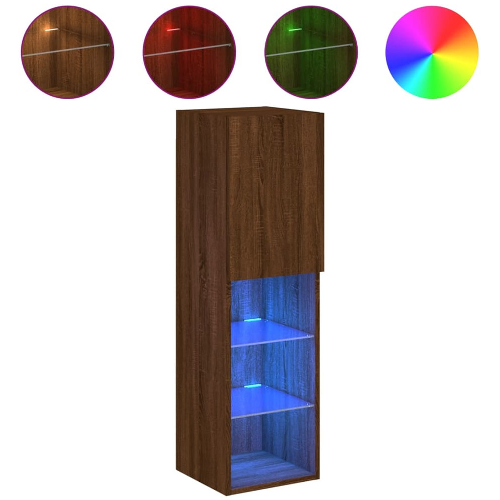 vidaXL Single Door 3 Open Shelf Brown Oak Narrow TV Cabinet with LED Light Image 2