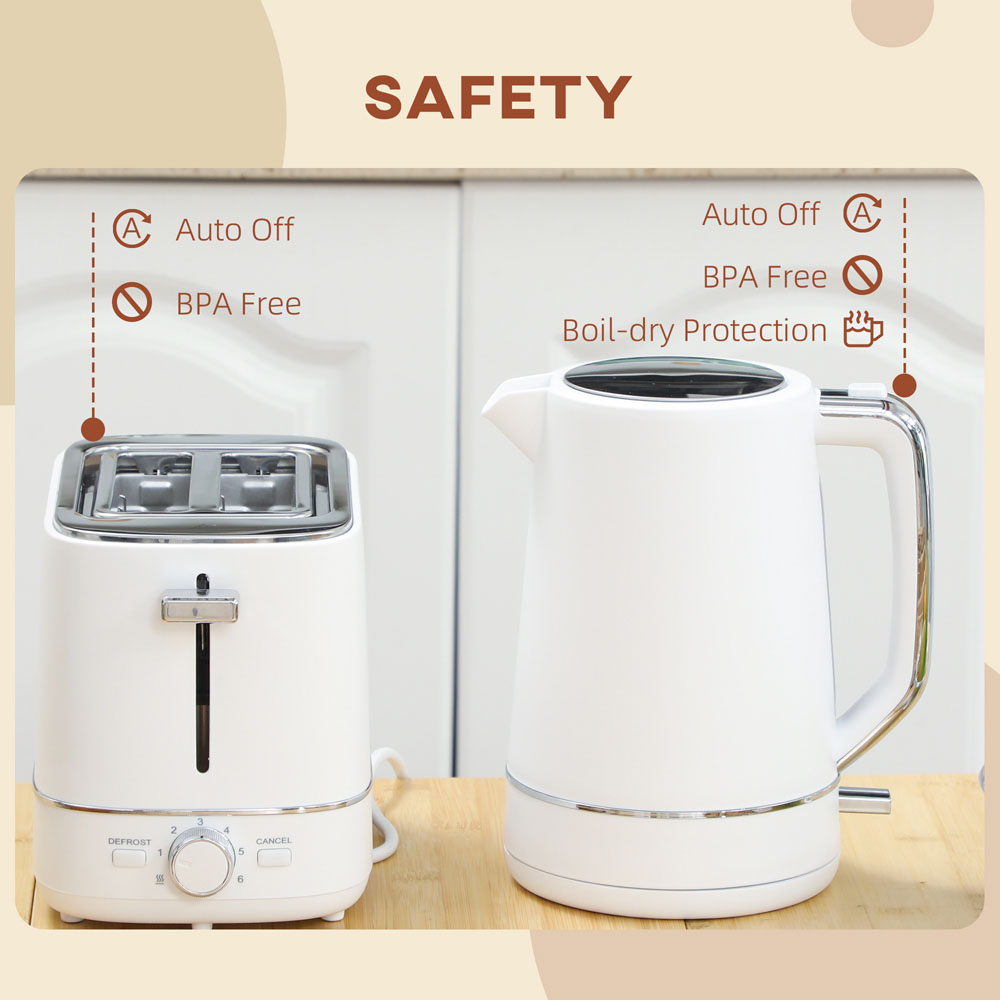 HOMCOM 800-232V70WT White 1.7L Fast Boil Electric Kettle 3000W and 2 Slice Toaster Set Image 7