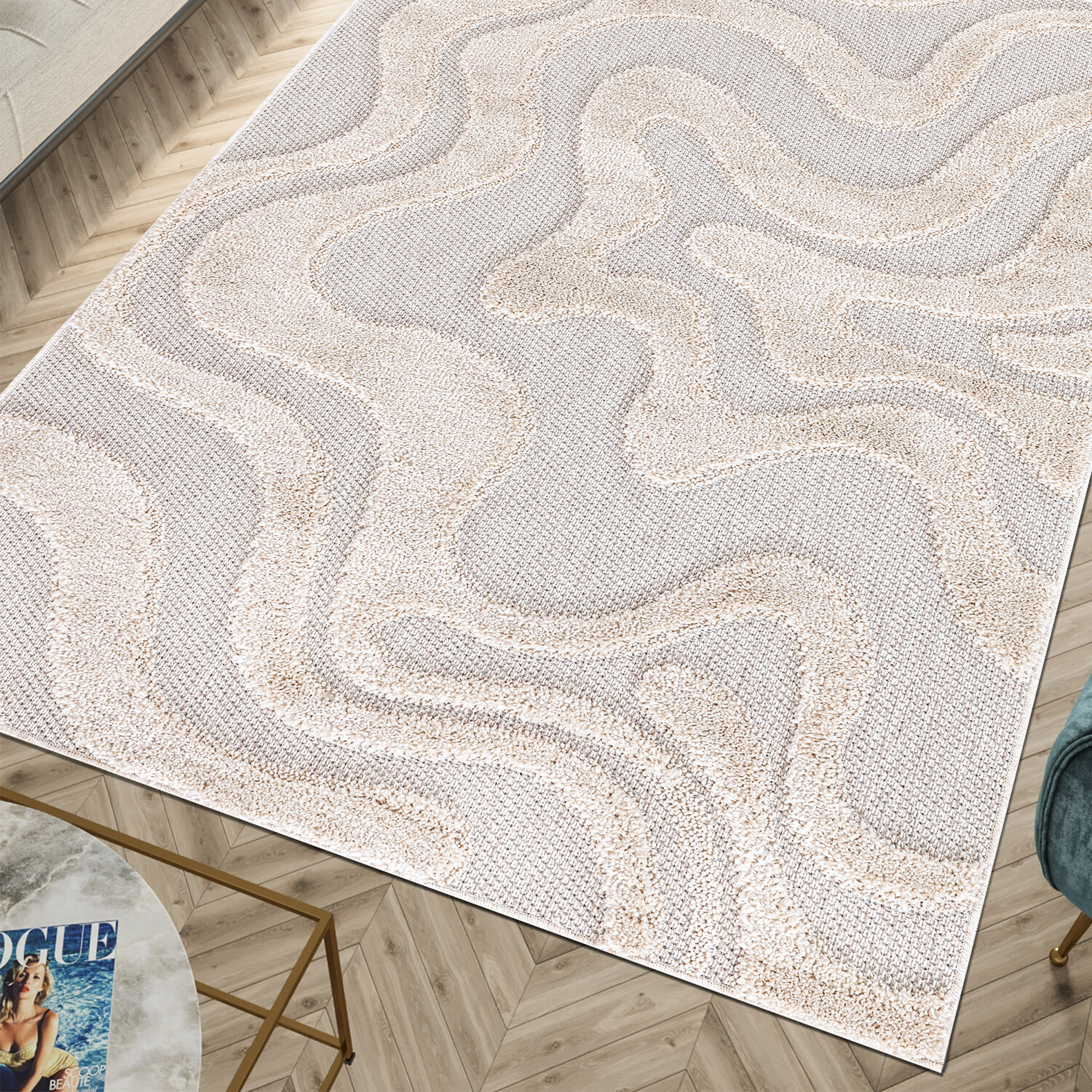 Bailey Abstract Curve Rug  - Grey and Natural / 120cm Image 2