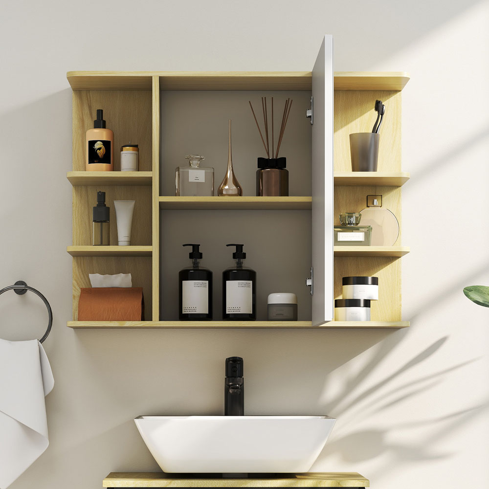 HOMCOM Single Door 6 Shelf Natural Wall Mounted Mirror Bathroom Storage Cabinet Image 7