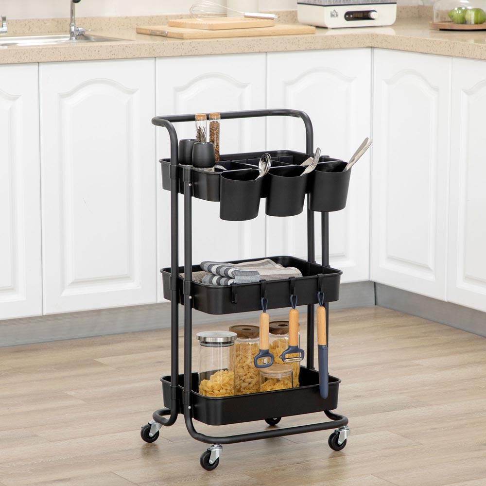 HOMCOM 3-Tier Black Kitchen Trolley with Baskets Image 4
