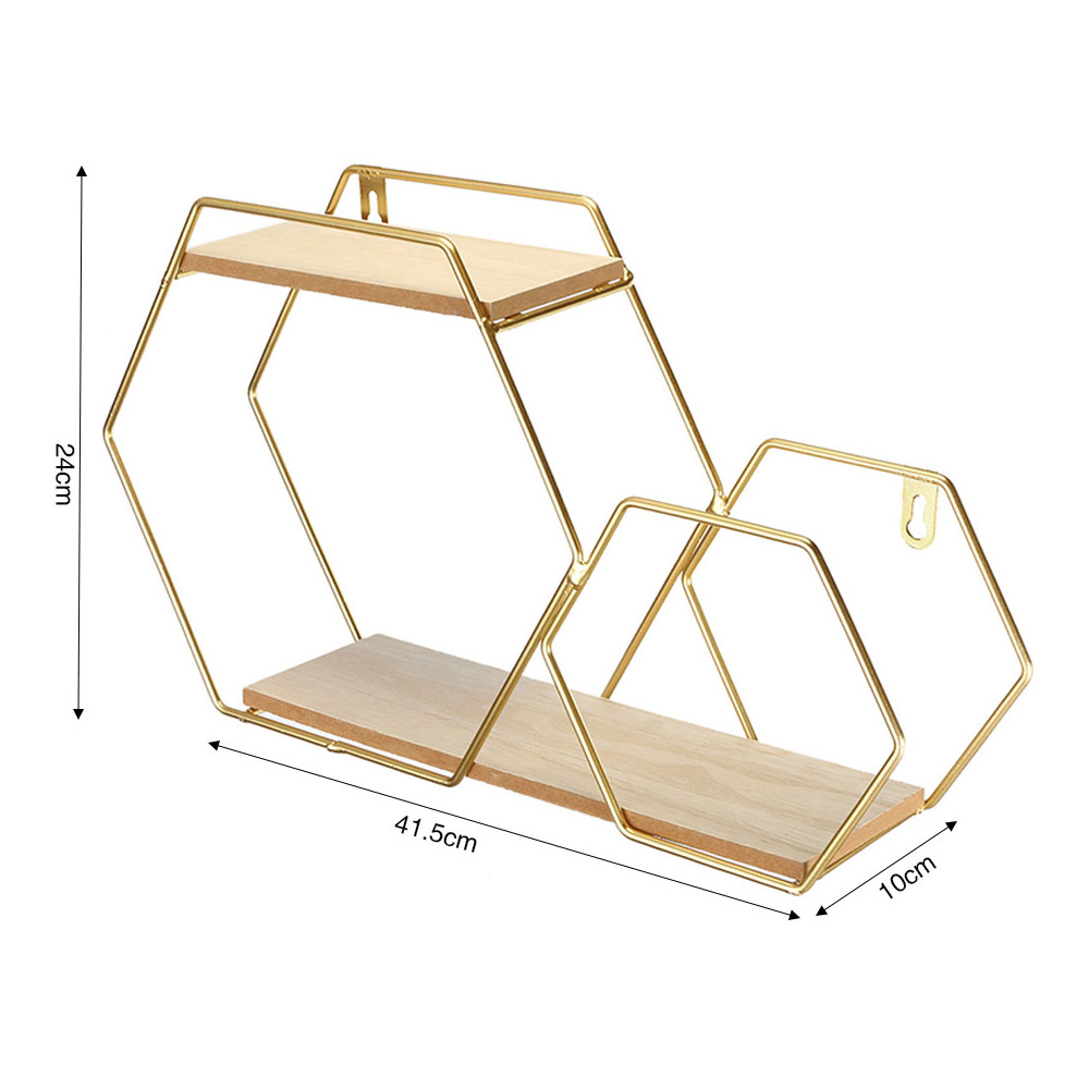 Living and Home 2 Tier Gold Framed Wall Hanging Floating Hexagonal Wall Shelf Image 9