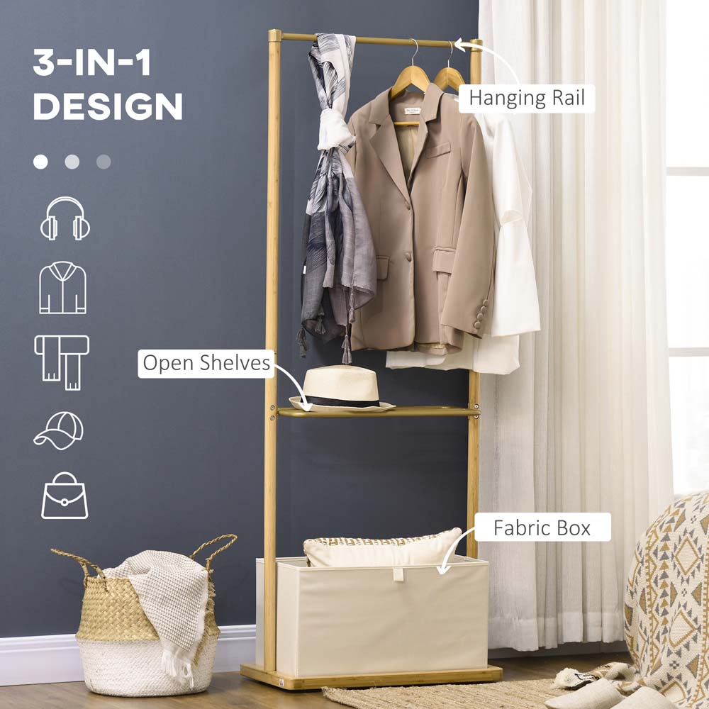 Portland Natural Wood Bamboo Clothing Rack with Fabric Box Wilko