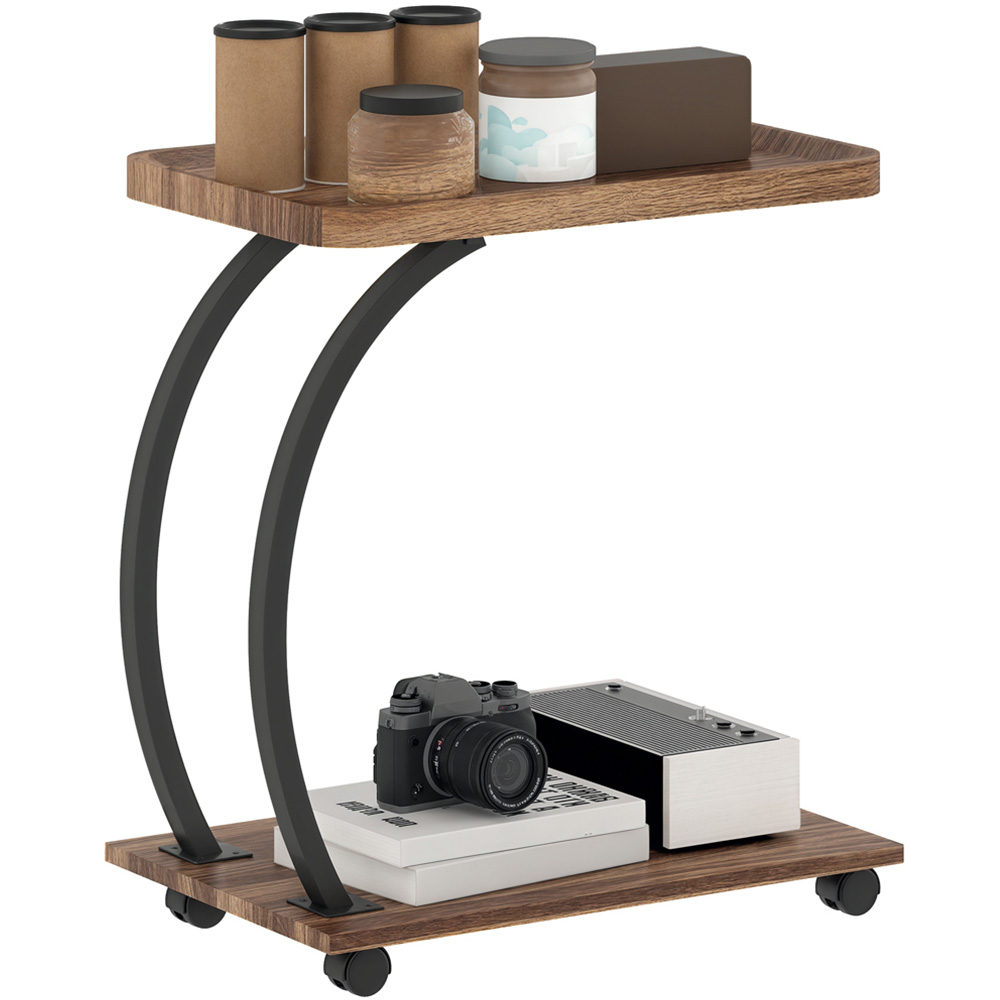 HOMCOM Brown 2-Tier C Shaped Side Table with Wheels Image 2