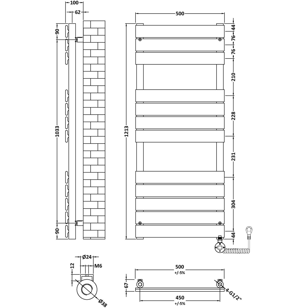 nuie Hudson Reed Anthracite Electric Square Flat Towel Rail 1213 x 500mm Image 2