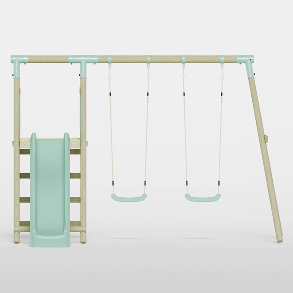 Mercia Wooden Round Pole Double Swing Set with Slide Image 3