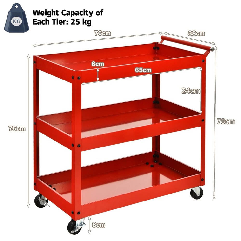 Costway 3 Shelf Red Tool Trolley with Lockable Wheels Image 9