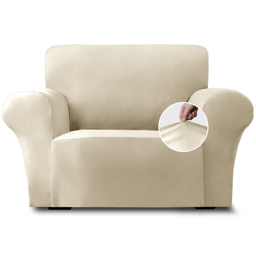 Homerepublic Single Seater Beige Mink Velvet Stretch Fit Sofa Cover Image 1