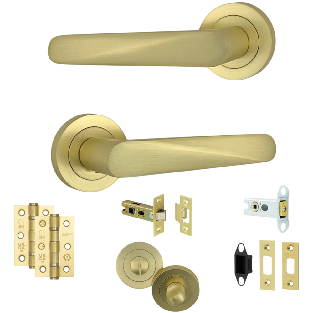 AXS Hardware Detroit Satin Brass Bathroom Door Handles on Rose 4 Pack Image 1