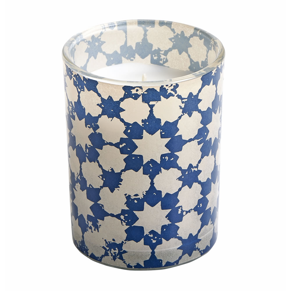Wilko Glass Candle Blue and White Print Image 1