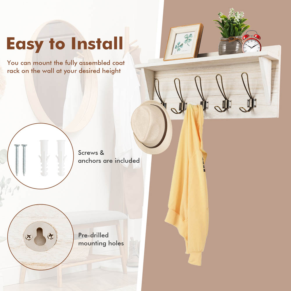 Costway White Wall Mounted Shelf with Coat Hooks Image 8
