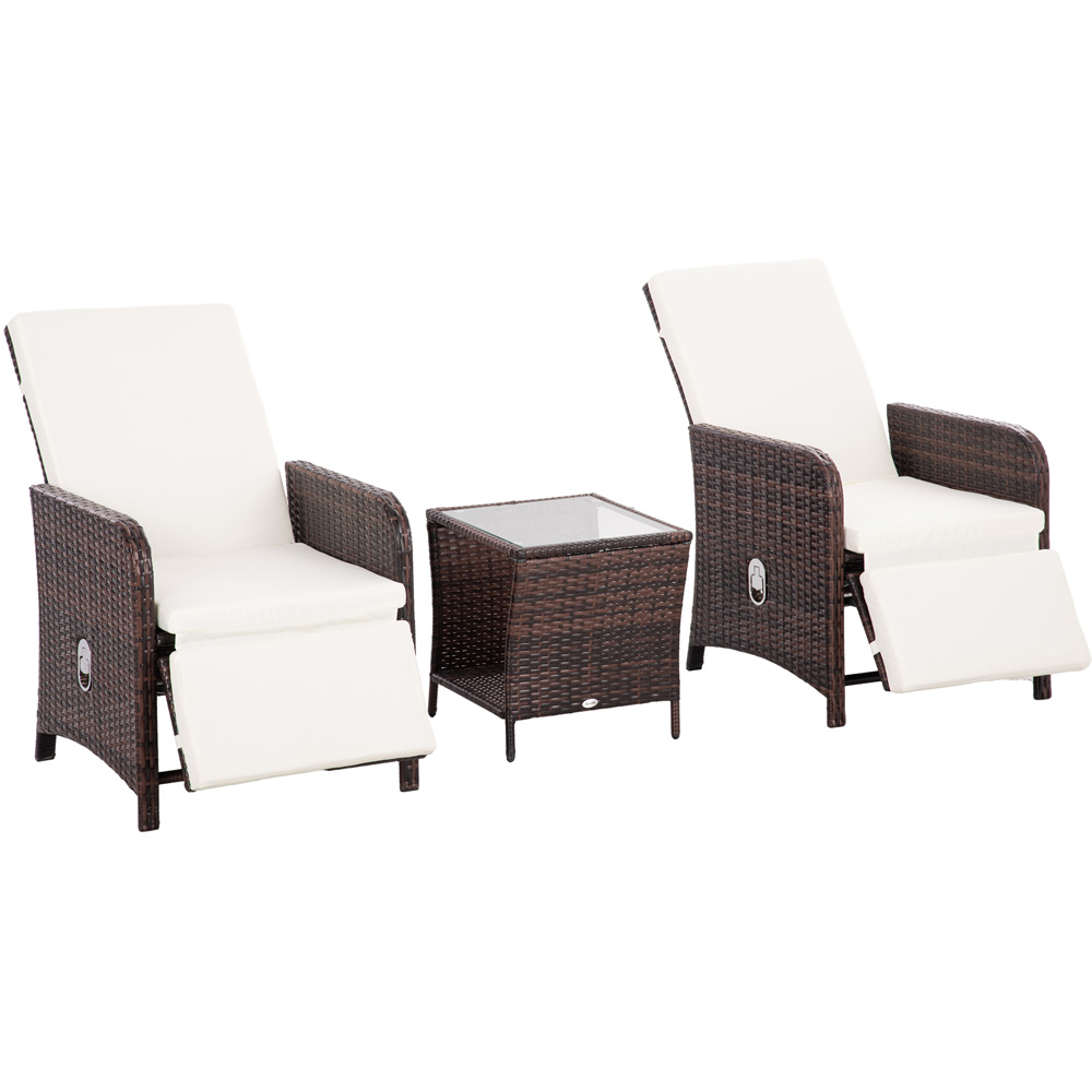 Outsunny 2 Seater White and Brown PE Rattan Recliner Bistro Set Image 2