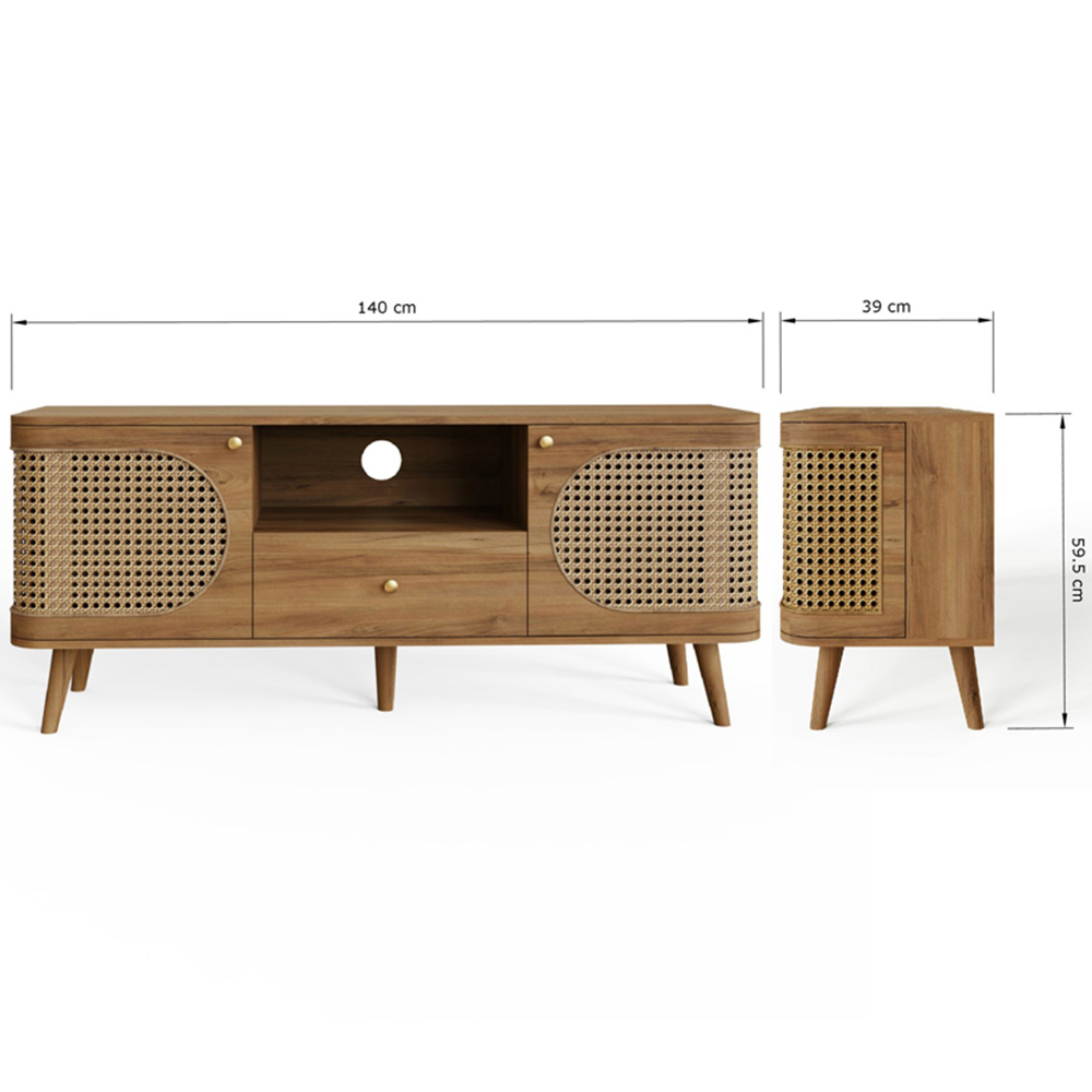 GFW Sorrel 2 Door Single Drawer Single Shelf Oak Rattan TV Unit Image 9