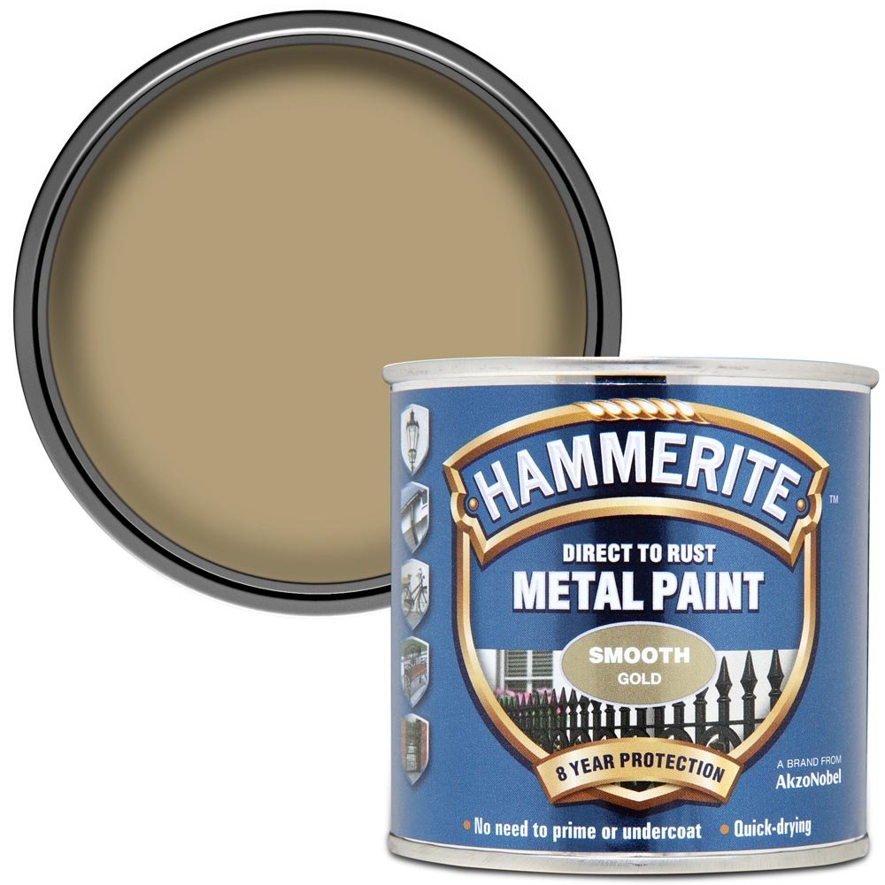 Hammerite Direct to Rust Gold Smooth Metal Paint 250ml  - wilko Hammerite Direct to Rust Metal Paint is specially formulated to perform as a primer, undercoat and topcoat. Should be applied directly to  rust and will  stop it from recurring. Solvent based paint. WARNING FLAMMABLE. Harmful to aquatic organisms. Keep out of reach  children.  Always read  instructions.  Coverage up to 1.25 square metre. Hammerite Direct to Rust Gold Smooth Metal Paint 250ml
