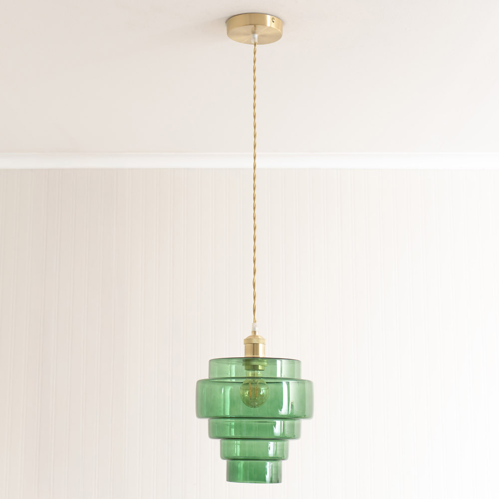 ValueLights Lane 5 Tier Green Glass Shade Brushed Gold Single LED Ceiling Pendant Light Image 5