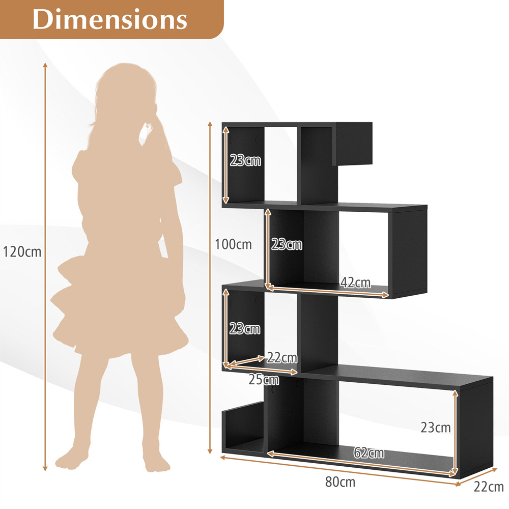 Costway 4 Shelf Black S Shaped Bookshelf Image 9
