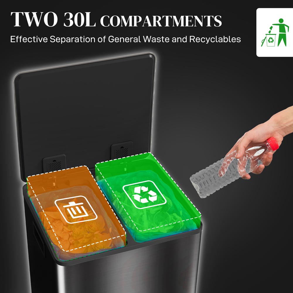 HOMCOM Black Double Kitchen Bin with Soft Close Lid 60L Image 8