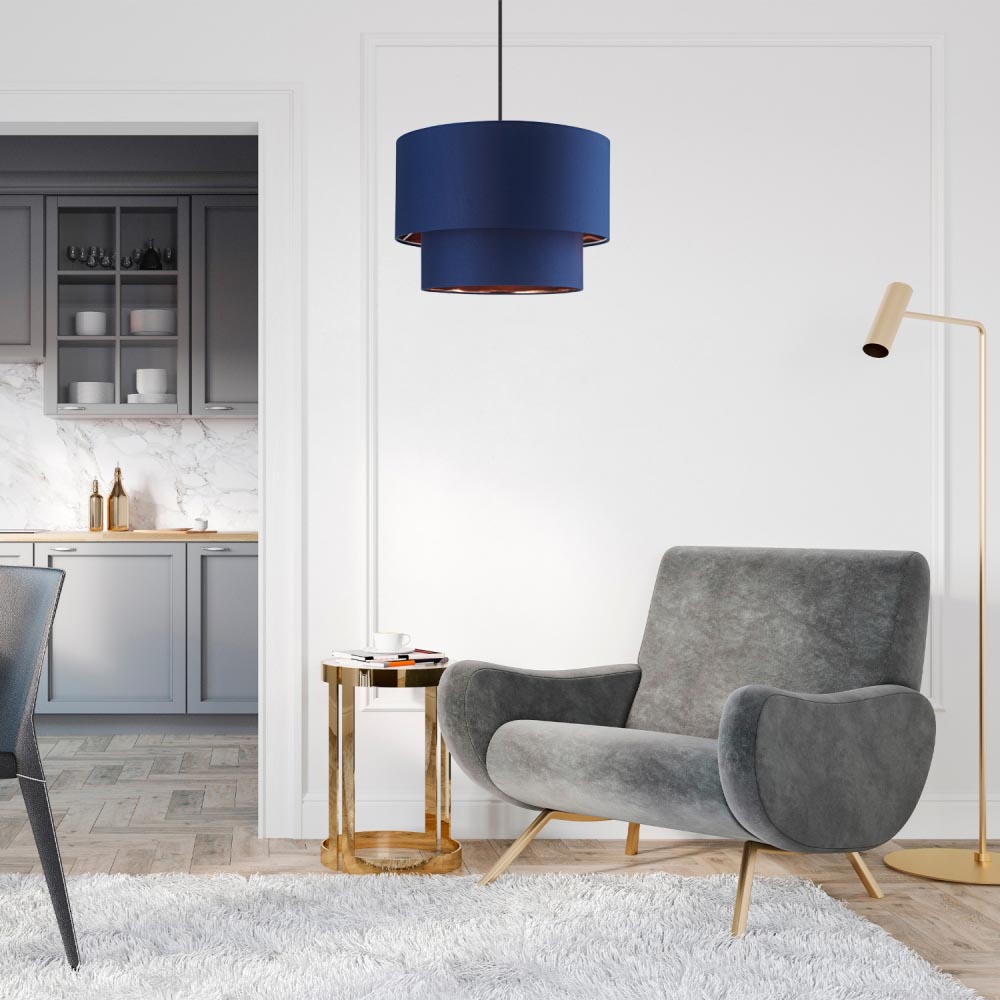 Happy Homewares Designer 2 Tier Midnight Blue Cotton Pendant Shade with Copper Inner Image 2