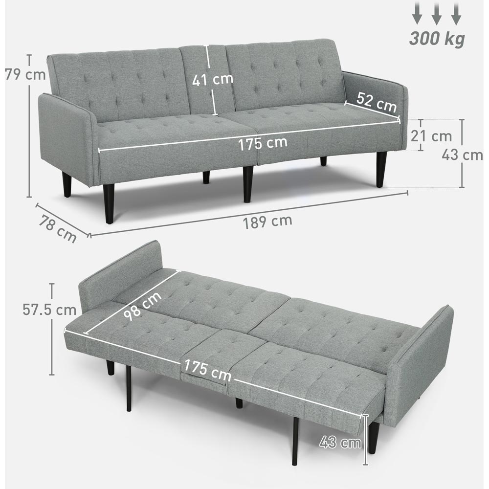 HOMCOM 3 Seater Light Grey Upholstered Sofa Bed with Storage Image 9