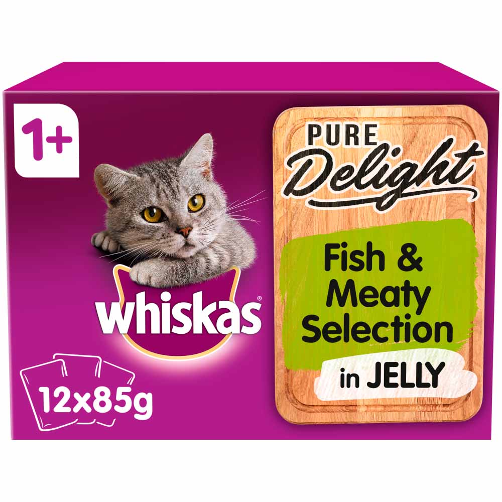 Whiskas Pure Delight Adult Cat Food Pouches Fish & Meaty in Jelly 12 x 85g Image 1