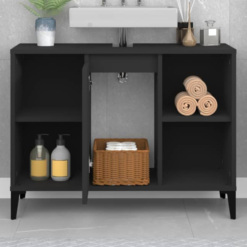 vidaXL Single Door 4 Shelf Black Washbasin Cabinet Image 1