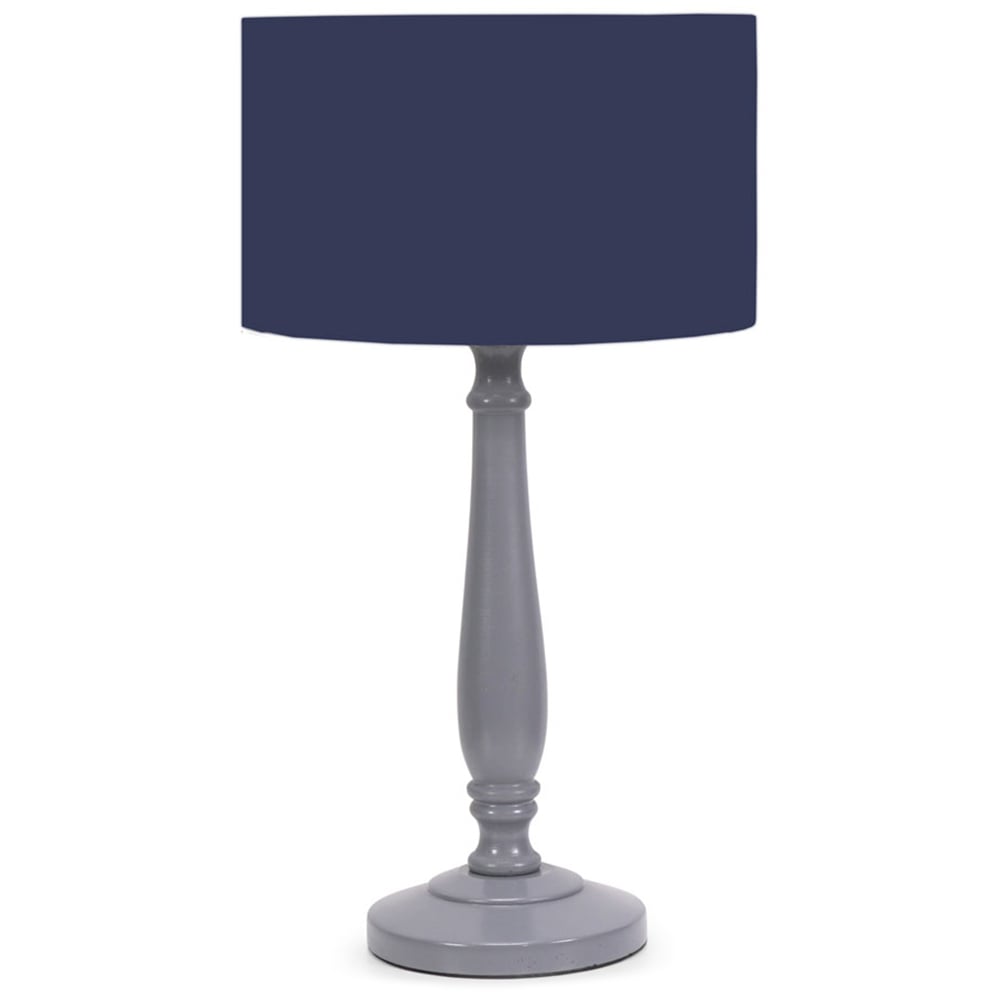 ValueLights Victoria Navy Blue Fabric Drum Shade Grey Wood Traditional Stem LED Table Lamp Wilko