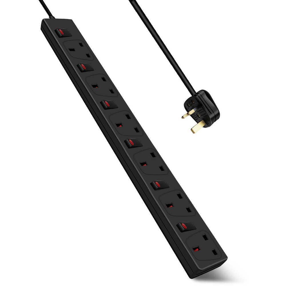 ExtraStar 13A 1m 6 Socket Child Resistant Black Extension Lead with Indicate Light and Individual Switch Image 1