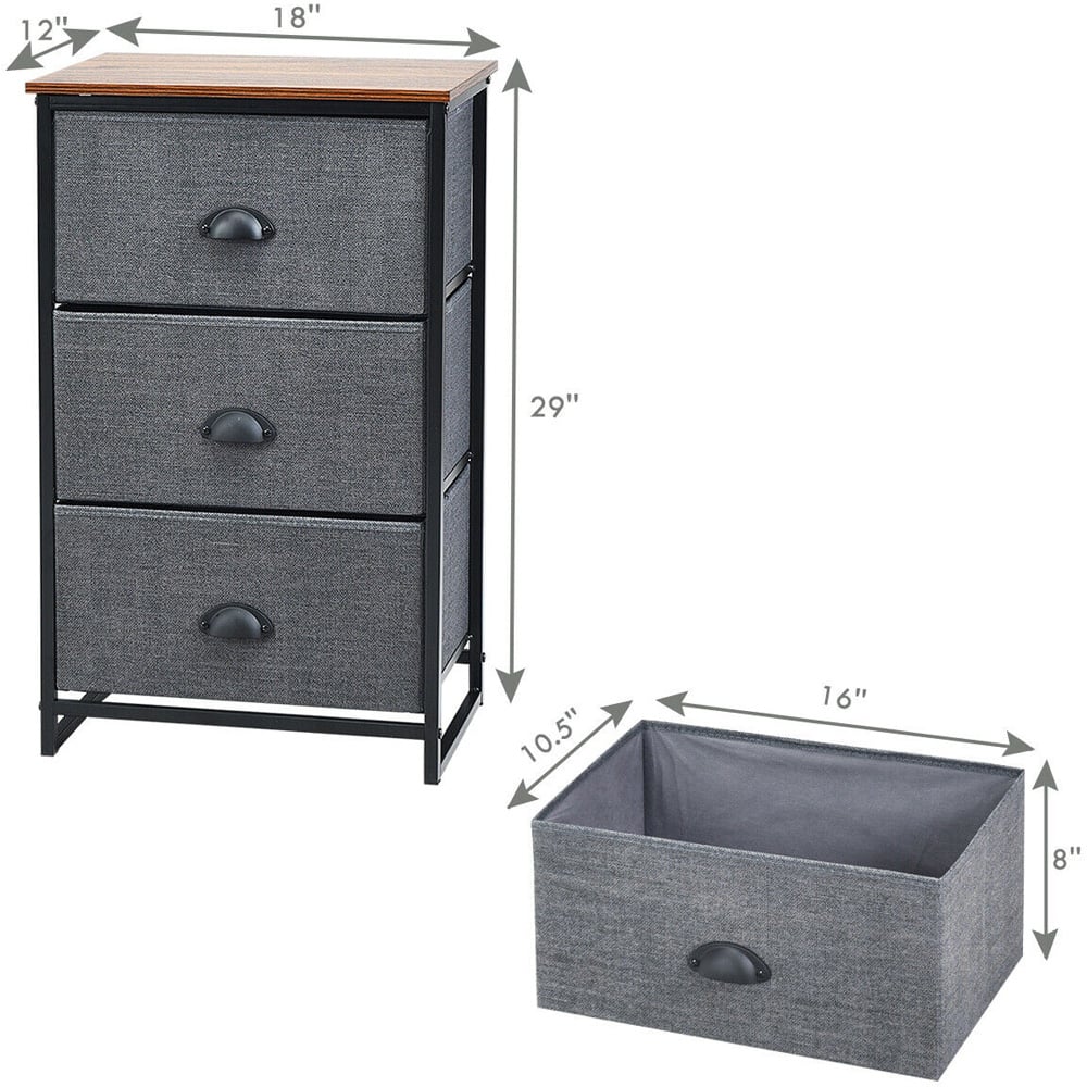 Costway Black 3 Drawer Fabric Nightstand Bedside Storage Cabinet Image 9