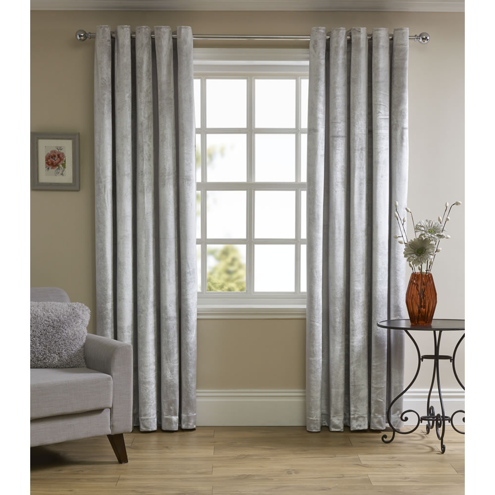 Wilko Silver Shimmer Velvet Effect Lined Eyelet Curtains 228 W x 228cm D Image 1