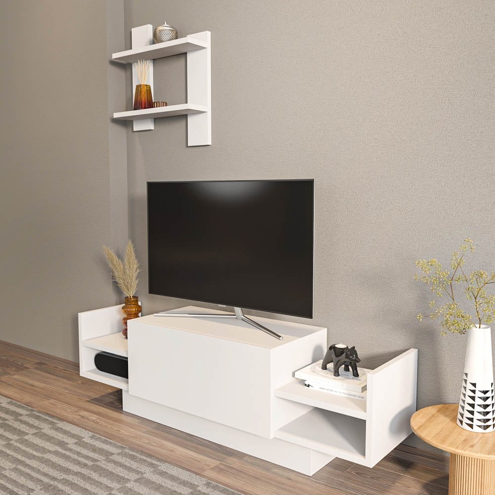 Decorotika Spring White TV Unit with Wall Shelf Image 6