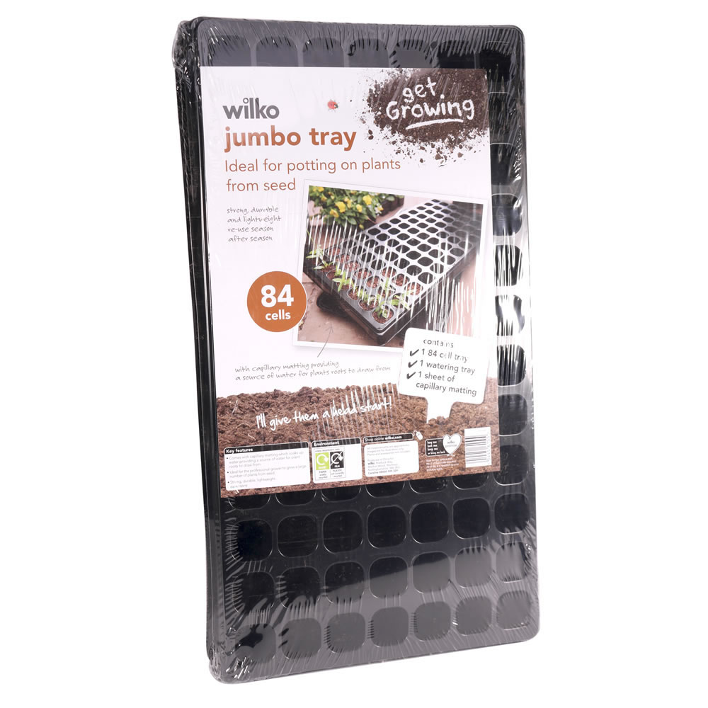 Wilko 84 Cell Jumbo Grow Kit  - Garden & Outdoor Our Jumbo Grow Kit is ideal for potting on plants from seed. The included capillary matting works by soaking up water and providing a more constant source of water for plant roots to draw from - making for a much better success rate. With 84 cells waiting to be filled, you'll have plenty of room to grow all the plants you want this season!  Contains 1x 84 cell tray, 1x watering tray and 1x sheet of capillary matting. Wilko 84 Cell Jumbo Grow Kit