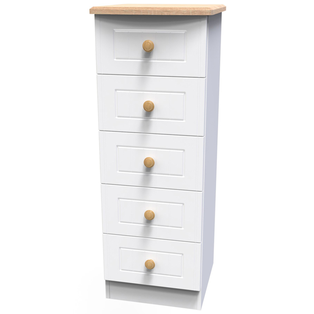 Crowndale Warwick 5 Drawer White Ash and Oak Tall Bedside Cabinet Image 4