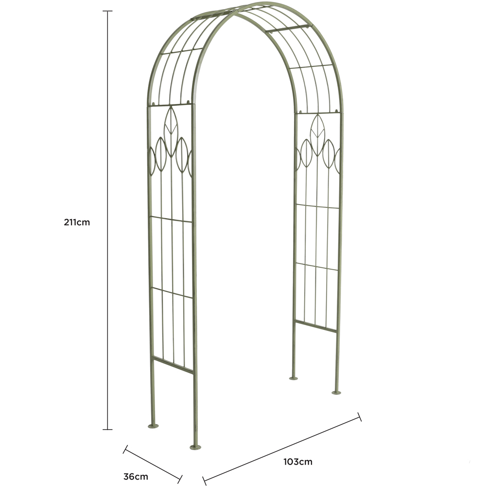 Charles Bentley 6.9 x 1.2 x 3.4ft Sage Green Rustic Metal Leaf Pattern Garden Arch Image 7