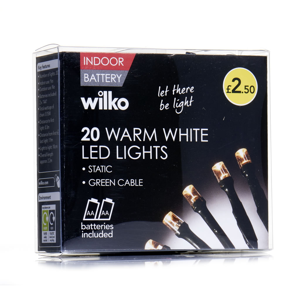 Wilko 20 White Battery-Operated Christmas Lights with Green Cable Image 2